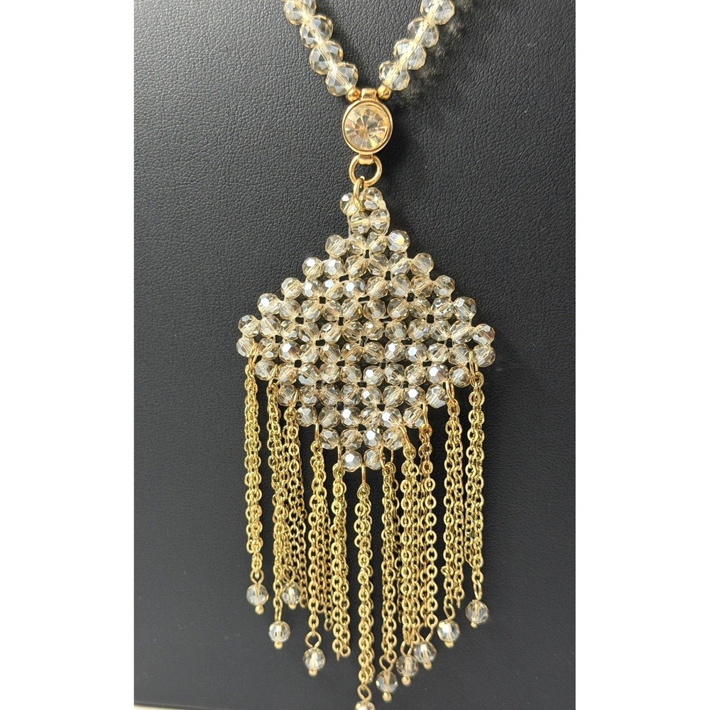 Vintage Glass Beaded Necklace Flapper Fringe Tassel Statement 30" Opera